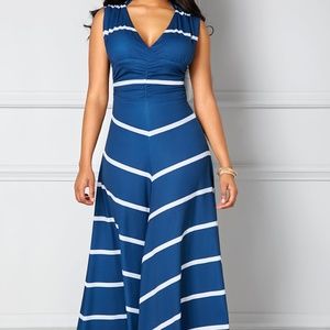 Blue and White Chevron Striped V-Neck Maxi Dress